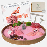 Threeheng flamingo zen garden front view showing bamboo tray and pink sand, decorative calm