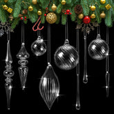 Thyle clear glass ornaments front view showing full 25-piece set and sparkle
