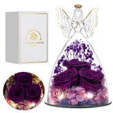 Tiaronics glass angel front view showing preserved purple roses and elegant keepsake benefit