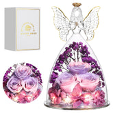 Tiaronics glass angel front view showing three preserved roses and elegant silhouette for gifting
