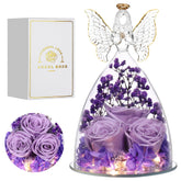 Tiaronics front view glass angel showcasing preserved roses and instant display benefit