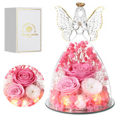 Tiaronics glass angel front view showing preserved roses and elegant display benefit
