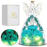 Tiaronics glass angel front view showing preserved roses and elegant silhouette benefit keepsake