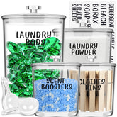 TIDIdea front view of four clear jars showing organized laundry storage benefit