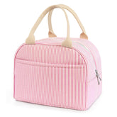 TIFFYONEK front view pink stripe lunch bag showing stylish design and portability