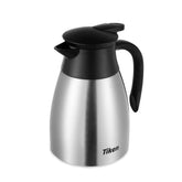 Tiken carafe front view showing stainless steel finish and 1L capacity, keeps drinks hot