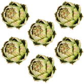 Timgle front view of large green faux artichokes showing realistic shape and color benefit