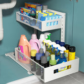 TISTAYA front view under-sink organizer showing two sliding tiers for easy access