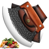 TIVOLI front view of hand-forged ulu showing curved blade for effortless rocking