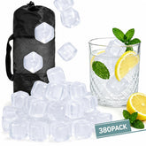 Tngan front packaging of 380-pack reusable ice cubes showing quantity and clear squares for convenience