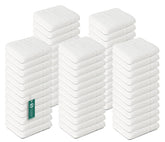 TOALLA front pack of 60 white washcloths showing value pack benefit