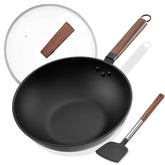 Todlabe 13 inch wok front view showing lid and spatula, ease of use
