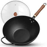 Todlabe wok front view showing pre-seasoned pan and lid for easy cooking