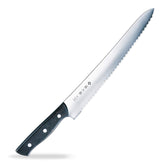 Tojiro bread knife front view showing full 10.6 inch blade and profile, precise slicing control