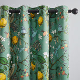 Topfinel front view of drapes showing full botanical hummingbird print and color, enhances decor
