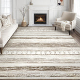 Tortania front view showing cream brown boho rug and room benefit: warm cohesive look
