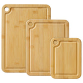 Totally Bamboo cutting boards front view showing set of three and organized storage benefit