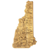 Totally Bamboo front view of New Hampshire-shaped cutting board showing engraved map benefits display