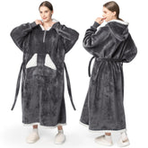 Touchat front view of long sherpa hoodie showing full coverage and cozy fit