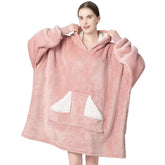 Touchat pink wearable blanket front view showing hood and oversized fit for warmth