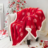 Touchat red sherpa blanket front view showing festive snowflake print and cozy appearance
