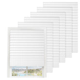 Touri front packaging showing six white cordless pleated shades and benefits