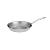 Tramontina 10-inch fry pan front view showing polished stainless steel benefit even heating