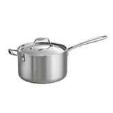 Tramontina front view of 4-quart saucepan showing polished finish and lid benefit even heating