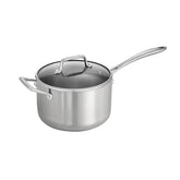 tramontina front view of saucepan showing polished finish and lid, clear cooking visibility