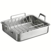 tramontina front packaging roasting pan showing size and warranty benefit