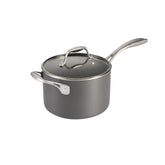 Tramontina OnyxPro front view showing sleek hard anodized exterior and lid benefit: durable cookware