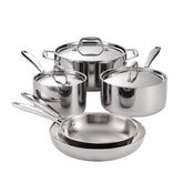 Tramontina front view of full 8-piece set showing polished finish and professional look