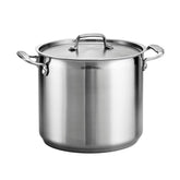 Tramontina front view showing gleaming pot and lid, professional look and durability