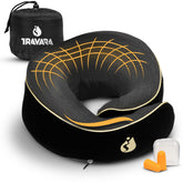 TRAVARA front view of black neck pillow showing ergonomic shape and support
