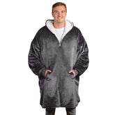 trekki front view of wearable blanket hoodie showing full coverage and cozy fit