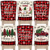 TREWAVE front view of six plaid chair covers creating a festive table