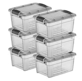 Tribello front view of six tinted storage bins showing compact stacked benefit