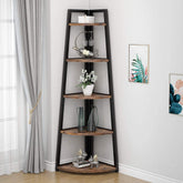 Tribesigns front view of 5-tier corner shelf showing rustic shelves and industrial frame benefit storage
