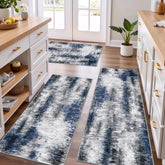 Tritard front view of blue grey 3-piece rug set showing modern abstract look and curb appeal