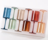 TrophyToast front view of six colored square wine glasses showcasing color variety and style