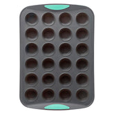 Trudeau front view of 24-cup muffin pan showing neat cavity layout and durable frame benefit