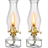 Tuanse front view of two clear glass hurricane lamps showing vintage styling and reliable lighting