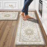 tubeamin front view of beige tan boho kitchen mat adds stylish comfort