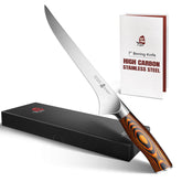 TUO boning knife front view showing full blade and handle for precise trimming