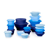 Tupperware front packaging showing the full 36-piece vintage blue set and organized presentation