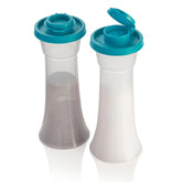 Tupperware hourglass shakers front view showing clear base and blue caps for easy seasoning visibility