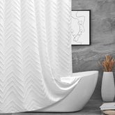 TURKIO front view of white boho shower curtain shows clean design and easy styling