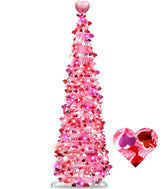 TURNMEON front view of pink tree showing full decorated look and romantic lighting