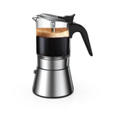 TWOCE SIXAQUAE front view showing sleek glass top and stainless steel body, highlights visible brewing