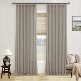 TWODRAPES front view of burlywood birch curtains showing tailored finish and warmth